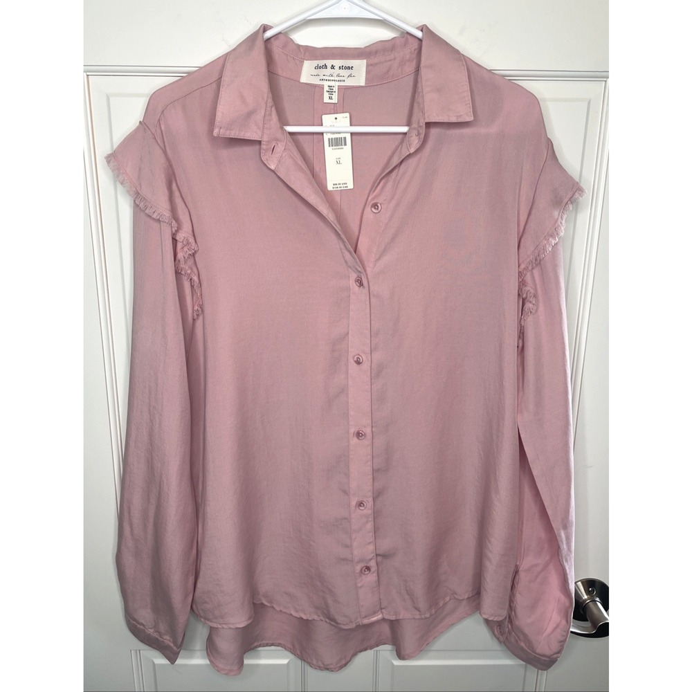 NWT Cloth & Stone Women’s Boho Button-Up Blouse Sz XL Frayed Ruffles *Sm Stain
